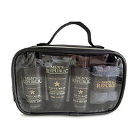 Items in a black carry bag with clear plastic front.