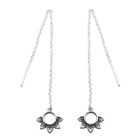 Silver chain threader earrings with an open circle with petals at the end