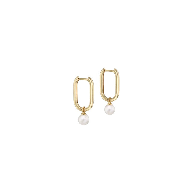 9k Yellow Gold Oval Hoop with Pearl Drop Earrings