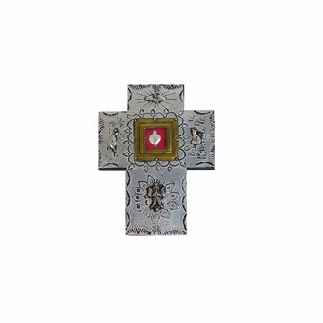 Wooden Tin Cross with Sacred Heart Window