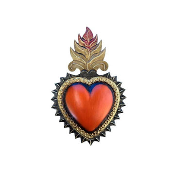 Mexican Orange Tin Heart With Flames