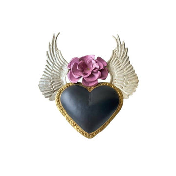 Mexican Black Tin Heart With Flower & Wings