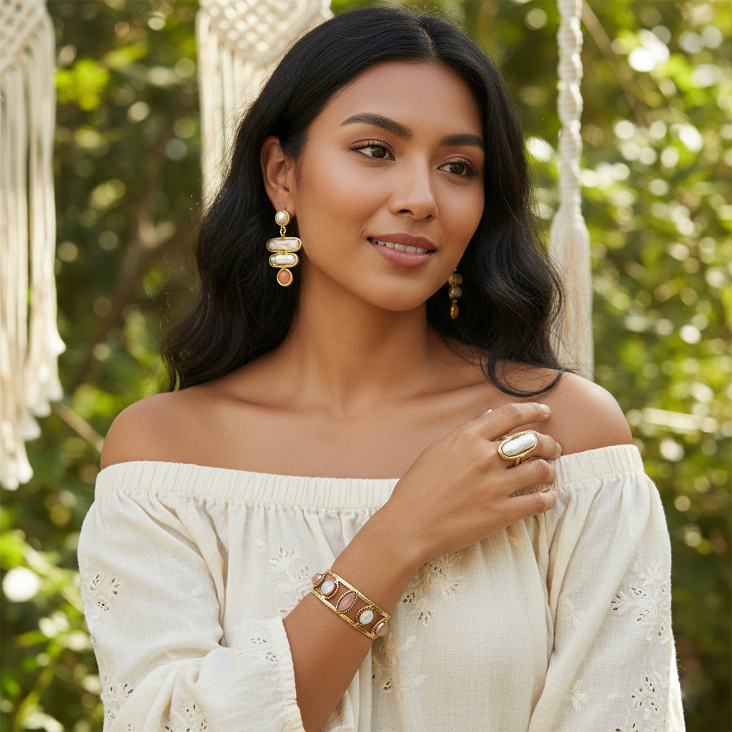 Amara Pearl Bar and Red Aventurine Earrings