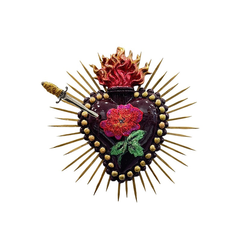 Burgundy Ceramic Heart with Rose and Dagger