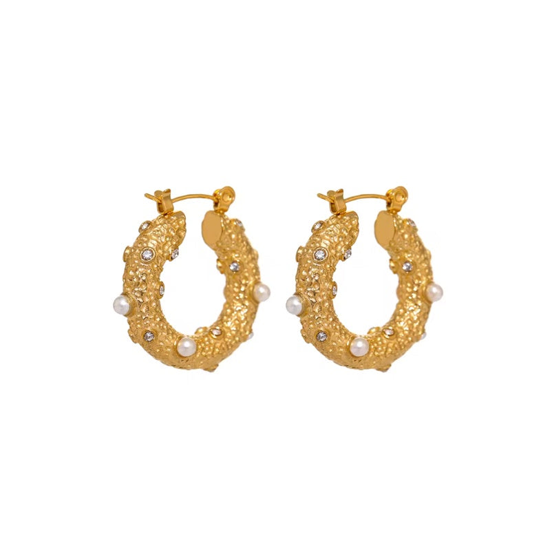 Gold Pearl and Jewel Hoops