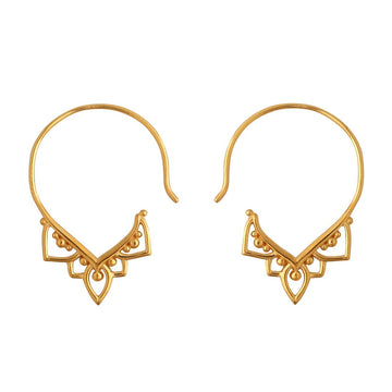Gold open hoop earrings with v shaped filigree design at the bottom