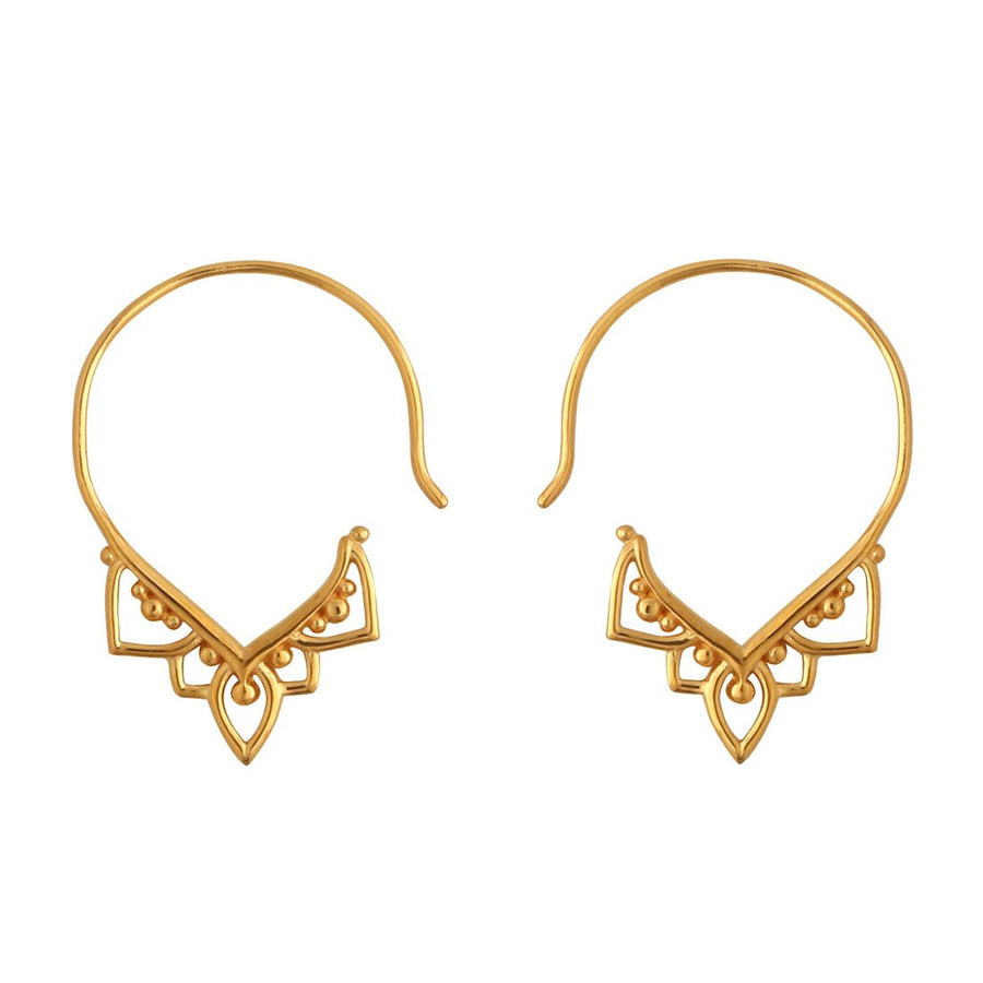 Gold open hoop earrings with v shaped filigree design at the bottom