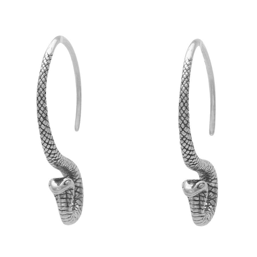 Silver hoop curled snake earrings
