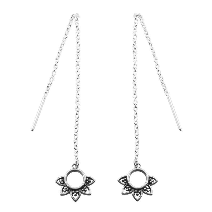 Silver chain threader earrings with an open circle with petals at the end