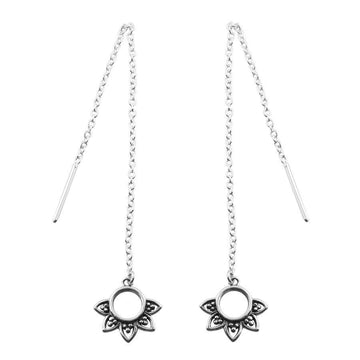 Silver chain threader earrings with an open circle with petals at the end