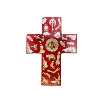 Mexican Red Milagro Cross with Guadalupe