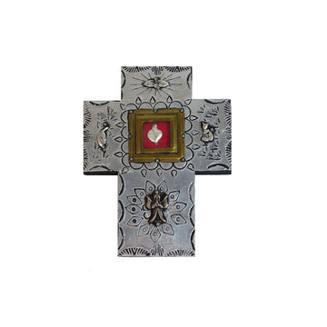 Wooden Tin Cross with Sacred Heart Window