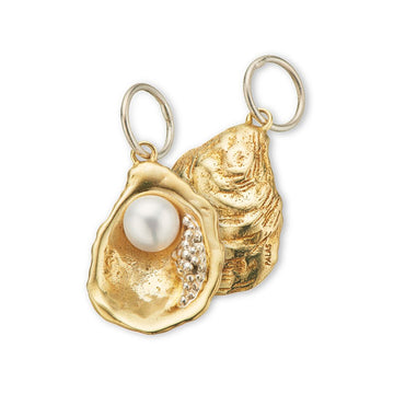 Brass oyster shell shaped charm with silver pearls and one large freshwater pearl