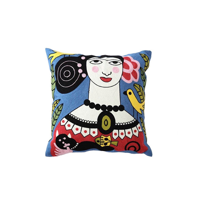 Frida Embroidered Cushion - Blue