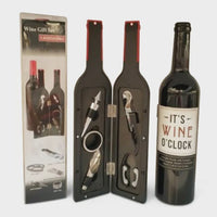 Wine bottle packaging that opens in half vertically showing the tools stored inside