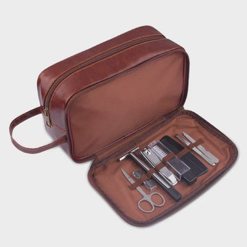 Brown leather pouch showing tools stored in one side of the pouch