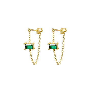 Chain and Green Baguette Crystal Earrings